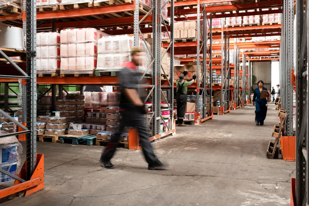 Entrepôt avec rayonnages et employés en mouvement