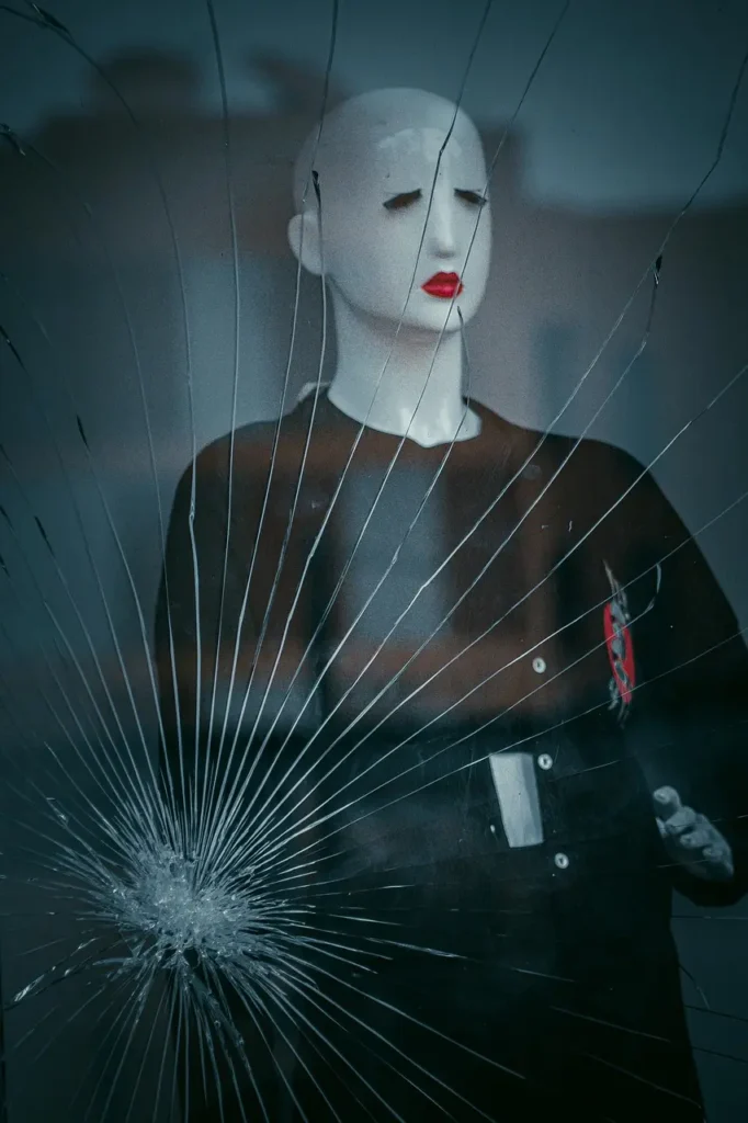 Mannequin derrière vitre brisée aux lèvres rouges